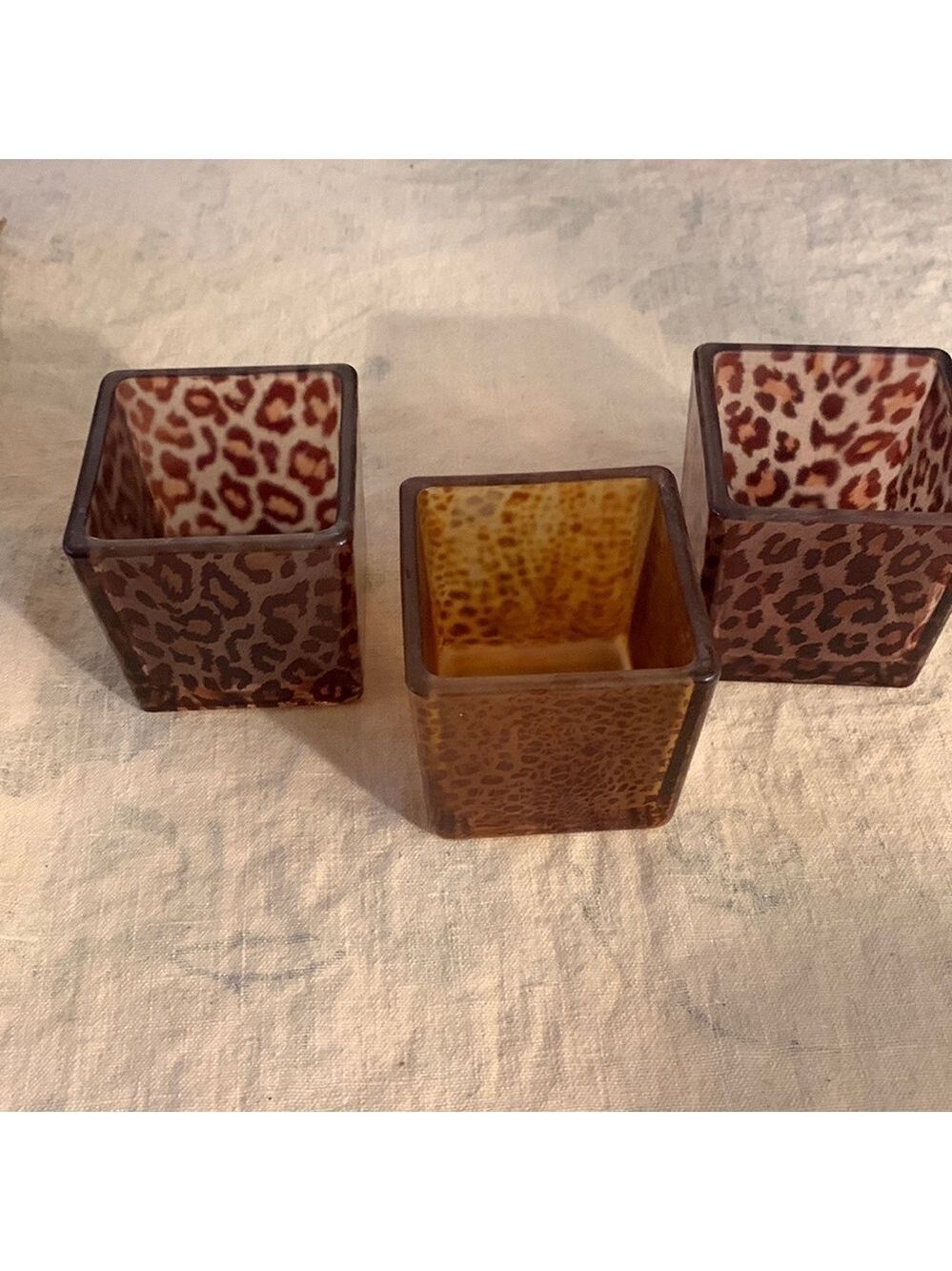 Set of Three glass animal print votive candle holders
